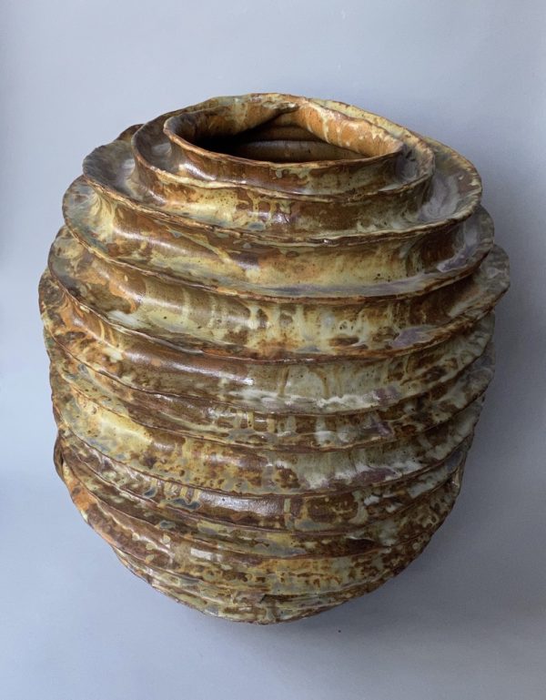 Spiral hand built stoneware moon jar by Reuben Sinha