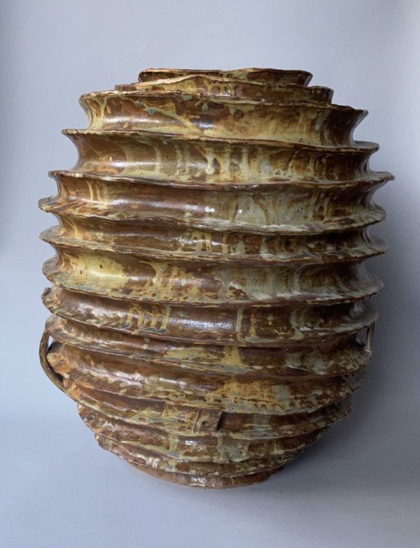 Spiral hand built stoneware moon jar by Reuben Sinha