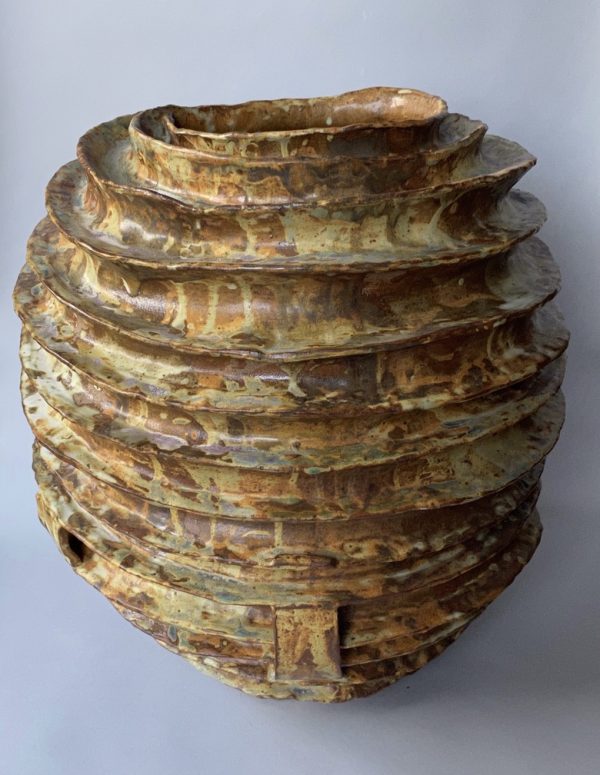 Spiral hand built stoneware moon jar by Reuben Sinha