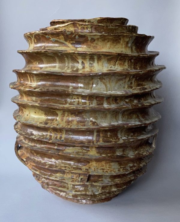 Spiral hand built stoneware moon jar by Reuben Sinha