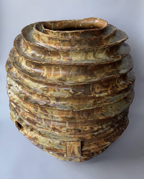 Spiral hand built stoneware moon jar by Reuben Sinha