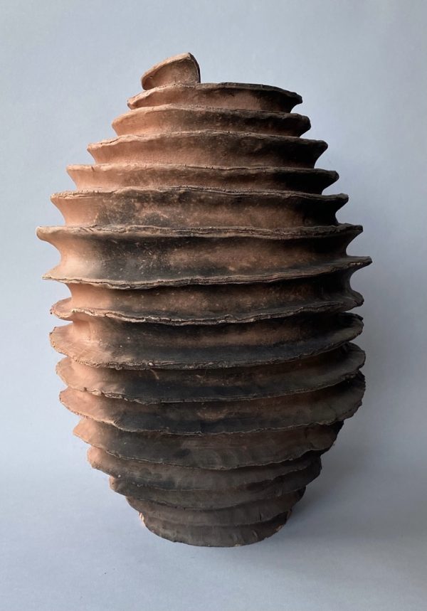 Spiral hand built earthenware oval jar by Reuben Sinha