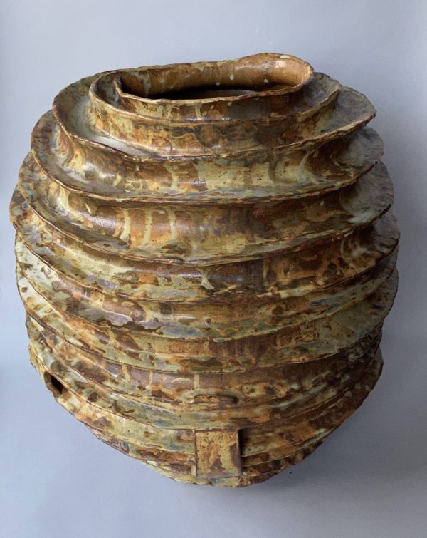 Spiral hand built stoneware moon jar by Reuben Sinha