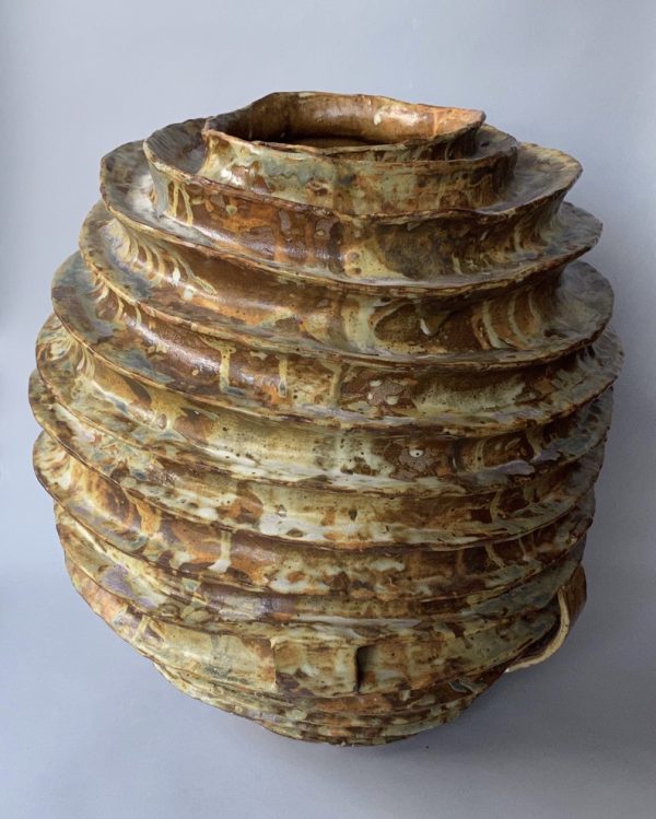 Spiral hand built stoneware moon jar by Reuben Sinha