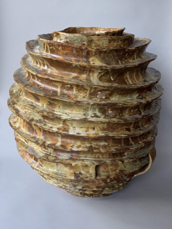 Spiral hand built stoneware moon jar by Reuben Sinha