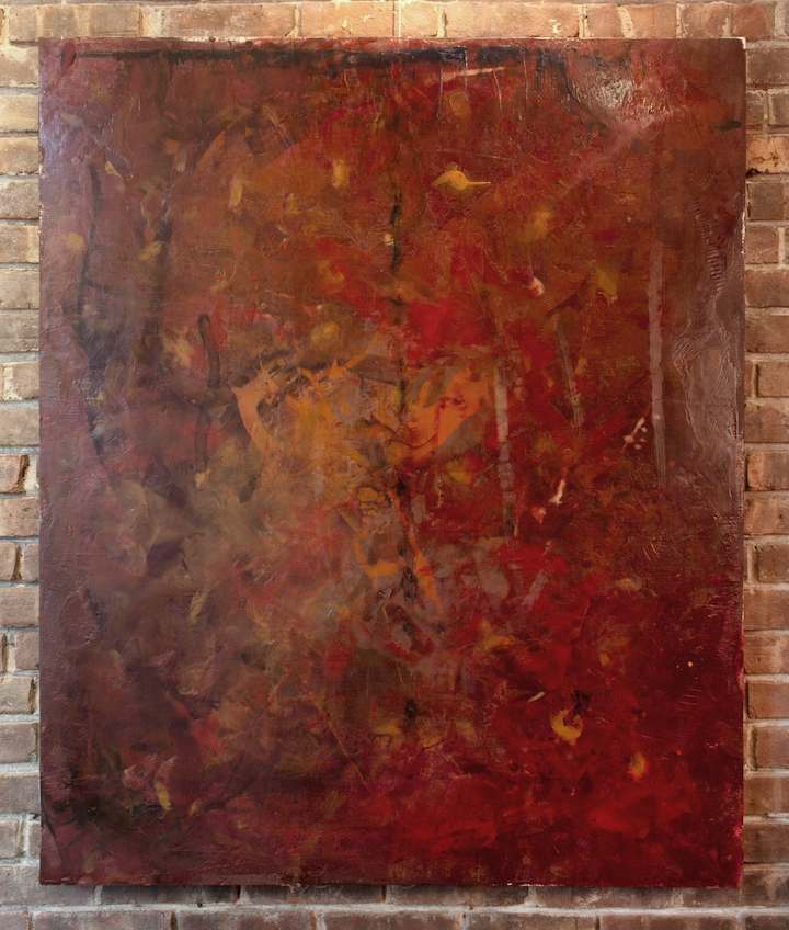 Bandswomb. 2023. Encaustics on canvas and wood panel, 48” X 40”.