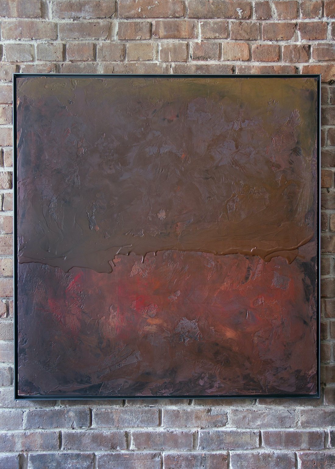 Brown reveals the red underneath; brown #8. 2019 Encaustic on Luan Panel, 36” X 38.25”