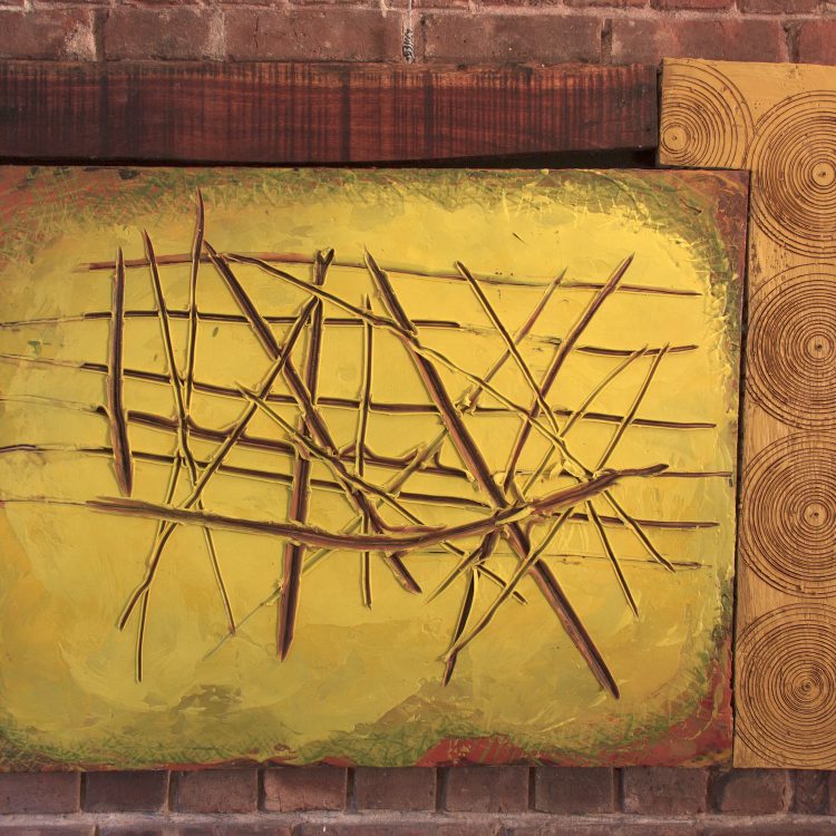 Mustard Farm. 29” X 29.5”. Wood and encaustic on wood panel. 2024