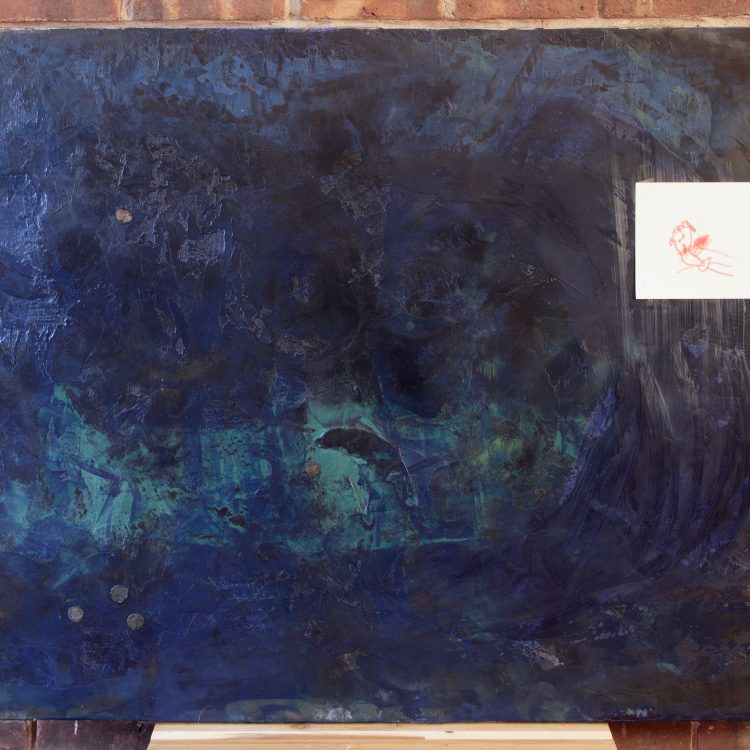 Untitled. Encaustics on Wood panel with roman bronze coins, peacock feather and drawing by Manavi Sinha. 50” X 36”. 2025