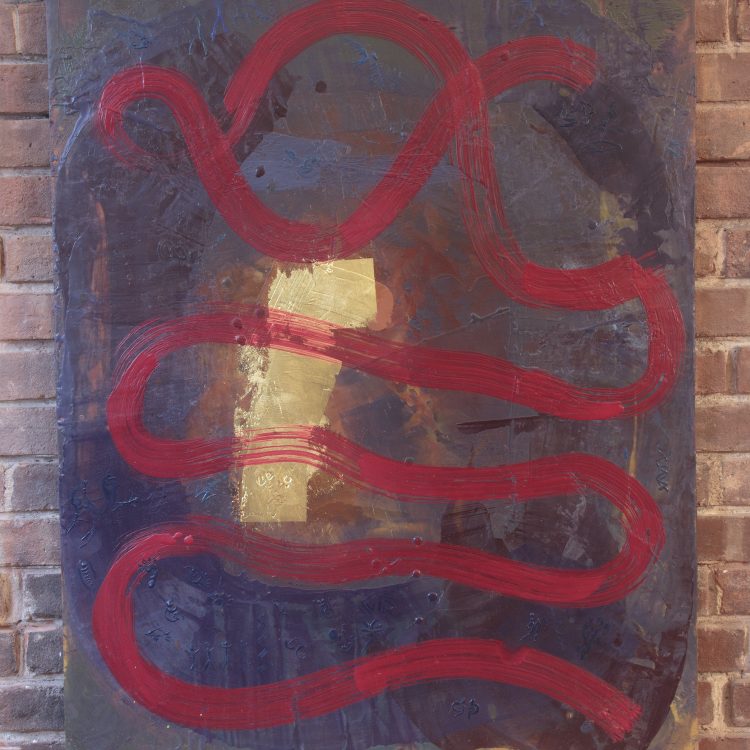 Three color void, #2. Encaustic and gold leaf on plywood, 37” X 30”. 2024
